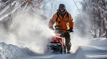 A Man Removes Snow With A Snow Plow After A Heavy Snowfall Near His House, Close-up, Blizzard, Snow In The Lens