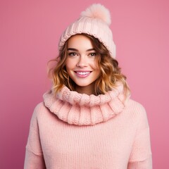 Cheerful young woman in winter outfit looking at camera and smiling.