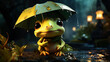 Cute frog holding an umbrella in the rain