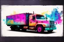 A Colorful Truck. A Colorful Painting Of A Truck With A Rainbow. Colored Trailer. Watercolor Paint. Digital Art, Generative AI