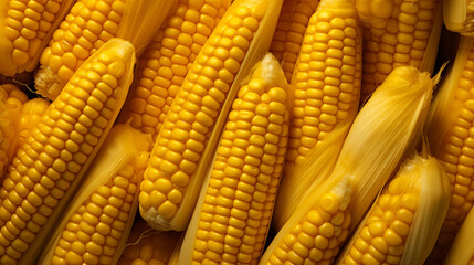 Background of a close-up of a corn on the cob, with plump kernels and a fresh husk. Sweet and juicy corn on the cob, ready to be grilled, roasted, or boiled.