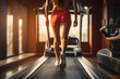 Close up of people who exercising on treadmill. Close-up of woman legs walking by treadmill in sports club. Fitness and Body build up concept. Workout and Strength training concept. Sport club theme.