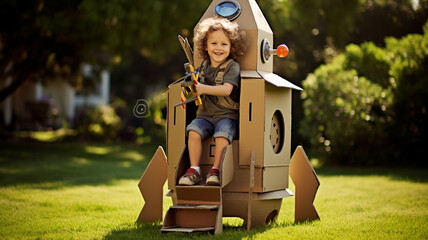 Sticker - cute little boy in a cardboard rocket in a pilot's helmet plays with a toy