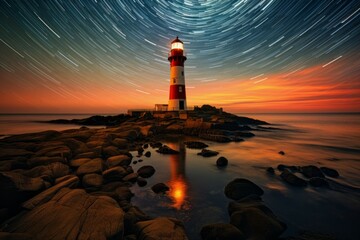 Wall Mural - Lighthouse on the seashore. Background with selective focus and copy space