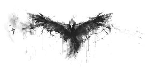 Wall Mural - Scary black crow flying in the air with wings spread
