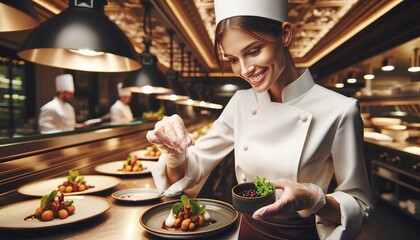 smiling woman chef garnishing gourmet dish in luxury restaurant kitchen.