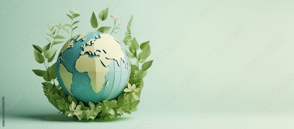 Paper earth globe surrounded by green foliage, symbol of environmental ...