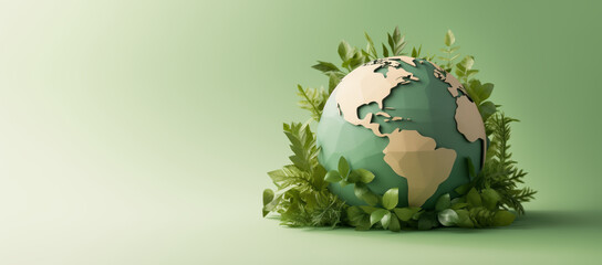 paper earth globe surrounded by green foliage, symbol of environmental protection and care of a frag