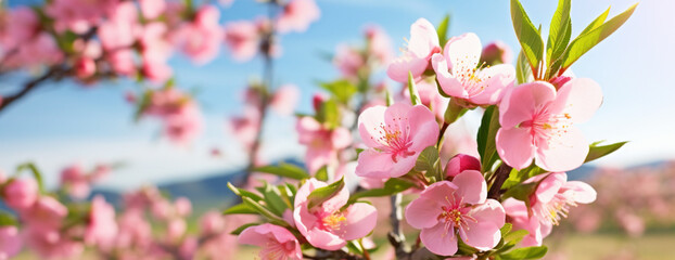 Orchard of blooming peach trees in spring. Blossoming peach tree branches with pink flowers in garden with green grass. Generative AI