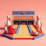 Fototapeta  - a close up of a bowling ball and pins on a pink surface Generative AI