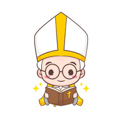 Wall Mural - Cute Pope cartoon character. Happy smiling catholic priest mascot character. Christian religion concept design. Isolated white background. vector art illustration.	