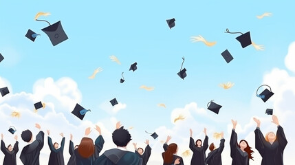 Wall Mural - graduate are celebrating graduation Throwing hands up a certificate and Cap in the air generative ai
