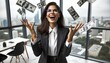Hispanic businesswoman jubilantly tossing paper bills with a skyline view backdrop