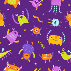 Wall Mural - seamless pattern with funny monsters for kids. abstract vector print with stylized monsters for text