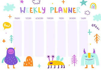 Wall Mural - Cute weekly planner with funny monsters for children. Bright vector design of timetable for kids.