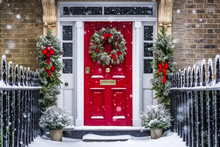 Christmas Wreath And Decoration On A Classic Red Door On Snowing Winter Holiday, Merry Christmas And Happy Holidays Wishes, Generative Ai