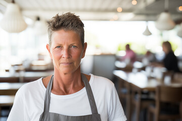 androgynous cafe owner professional older woman portrait  wearing apron