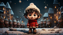 
Child Surrounded By Santa Claus Gnomes At The North Pole. Illustration Of A Happy And Smiling Boy Dressed In Christmas Clothes And Surrounded By Friends And Christmas Trees In A Town.