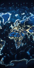 Poster - A map of the world with vibrant glowing lines. Perfect for illustrating global connectivity and technology advancements. Ideal for presentations, websites, and educational materials