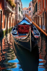 Aufkleber - A gondola peacefully floating in the middle of a picturesque canal, with beautiful buildings in the background. 
