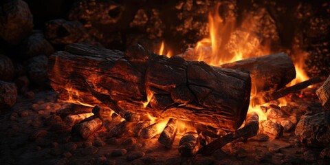 Poster - A close-up view of a crackling fire in a fireplace. This image captures the warmth and coziness of a fire burning, creating a relaxing ambiance. Perfect for adding a touch of comfort to any project