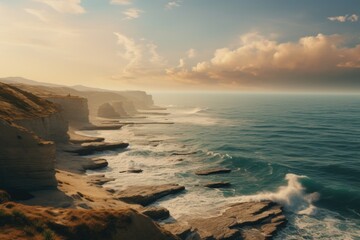 Poster - A breathtaking view of the ocean from the top of a cliff. Perfect for travel and nature-themed designs