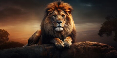 Poster - A powerful lion sitting majestically on top of a large rock.