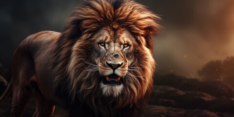 Poster - A powerful lion standing confidently in a rocky area, with a dramatic cloudy sky in the background. 