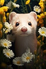 Wall Mural - A cute ferret is pictured in a field of vibrant yellow and white flowers. This image can be used to add a playful and adorable touch to any project or design.