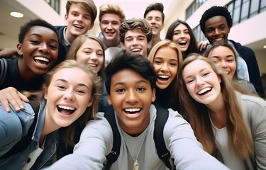 group of young students having fun taking selfie together