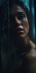 Aufkleber - A woman with wet hair standing in the rain. This image can be used to depict solitude, contemplation, or the beauty of nature in adverse conditions.