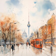 Watercolor painting style, outdoor street view to Alexanderplatz, Berliner Fernsehturm and Berlin Cathedral.
