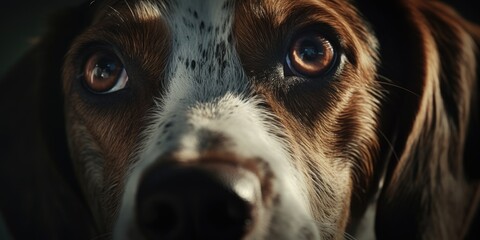 Poster - A detailed view of a dog's face, showcasing its unique brown and white coloring. Perfect for animal lovers and pet-related projects.
