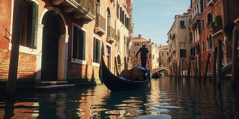 Aufkleber - A gondola floating in the middle of a narrow canal. Ideal for travel and Venice-themed projects.