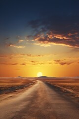 Aufkleber - A serene image of an empty road stretching through a vast desert at sunset. Perfect for travel, adventure, and solitude-themed projects.