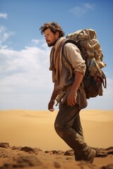 Aufkleber - A man with a backpack walking in the desert. This image can be used to depict adventure, travel, exploration, or solitude.