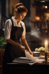 Poster - A woman in an apron is setting a table with a candle. This image can be used to depict a cozy dinner setting or to showcase table setting ideas.