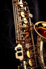 Poster - A close-up view of a saxophone on a black background. This image can be used for music-related designs or to add a touch of elegance to any project.