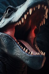 Poster - A detailed close up of a dinosaur with its mouth wide open. 