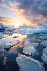 Poster - A group of icebergs peacefully floating on top of a body of water. This image can be used to depict the beauty and serenity of nature.