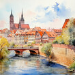 Watercolor painting of Nuremberg, Germany with its typical sights, in sunny day, in minimalist style.

