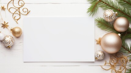 an empty postcard among the christmas decoration - golden fair-tree ornaments. top view flat lay cop