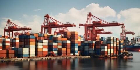 Wall Mural - crane loading cargo container import container ship in the international terminal logistic sea port concept freight shipping by ship, Truck running in port under the Big Crane transport trade