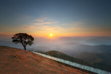 Beautiful Scenery View  In Sunrise Doi Pui Co Moutain View Point At Mea Hong Son Province,Thailand.