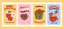 Groovy Christmas Posters Set Vector. Retro Cartoon Characters Gingerbread Heart, Xmas Stocking, Gift And Red Cup Hot Cocoa. Vibes New Year Posters. Trendy Mascot Characters In 60s, 70s Style.