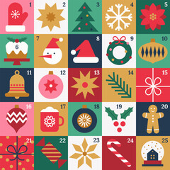 Sticker - Christmas Advent calendar with geometric holiday icons. Merry Christmas poster, template, banner, card with Xmas elements in modern minimalist style. Vector flat illustration.