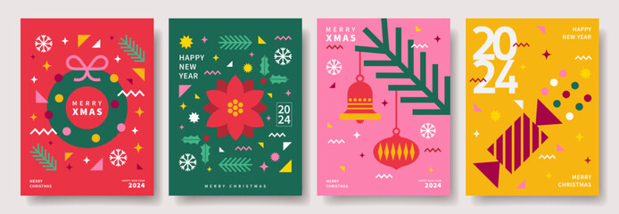 Sticker - Merry Christmas and Happy New Year abstract geometric cards design. Modern Xmas design with typography, geometric patterns and elements. Vector templates for banner, poster, holiday cover.