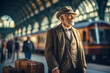 An old man in an old train station, waiting for the train
