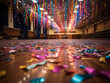 Riesiger Ballsaal grandios für Fasching und Karneval mit Luftschlangen und Luftballons geschmückt, ai generativ