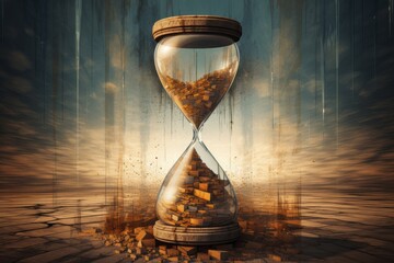 Poster - A pixelated digital illusion of a shattered hourglass, its granules pixelated into fractured patterns, symbolizing the disintegration of time.